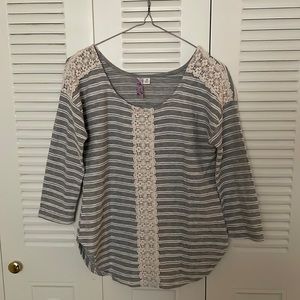 Anthropologie Alya Blue and White Striped Top with Lace Detail